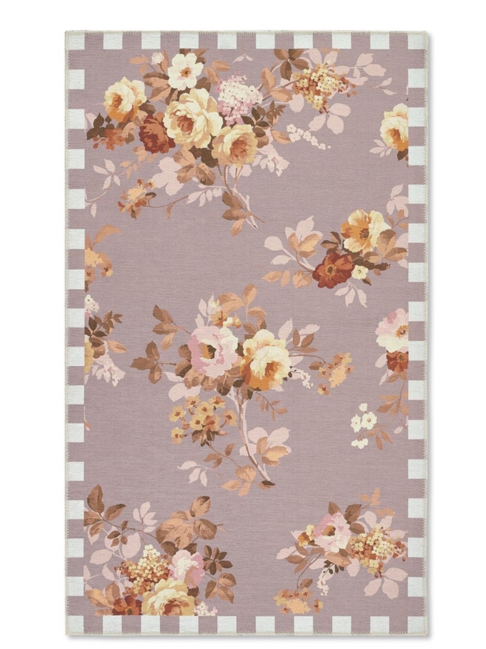 MacKenzie-Childs Taupe Wild Rose Rug Label on Gray Rug